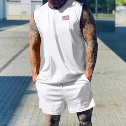 Men's Tennis Shirt Shorts and T Shirt Set Casual Sleeveless Suit Sleeveless Crew Neck Summer Color Block Gymnatics Casual 2 Piece Vacation Daily Wear Activewear Black White Green Top Tee for Men