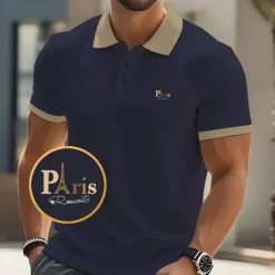 Men's Text Eiffel Tower Polo Short Sleeve Polo Shirts Collared Shirts Business Casual School Athleisure Daily Wear 3D Print Summer Black Pink Navy Blue