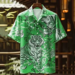 Men's Tiger Button Up Shirt Printed Shirts Short Sleeve Subcultural Party Street Holiday Summer Turndown Pocket Print Button-Down Blue Orange Green