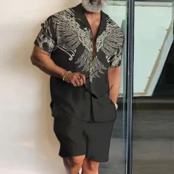 Men's Totem 2pcs Shirts Sets Summer Hawaiian Shirt Short Sleeve Short Pants Cuban Collar Fashion Streetwear Designer Outdoor Street Daily Print Summer Spring Black Yellow Gold