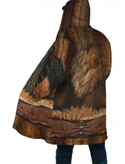 Men's Totem Winter Coat Fleece Jacket Coat Warm Breathable Comfortable Vintage Abstract Sports & Outdoor Daily Wear Going out Zipper Pocket Print Fall & Winter Hoodie Long Sleeve Brown