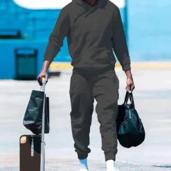 Men's Tracksuit Jogging Suit 2 Piece Casual Fall Long Sleeve Thermal Warm Soft Fitness Gym Workout Running Sportswear Activewear Solid Colored Dark Grey Dark Khaki Black