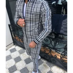 Men's Tracksuit Jogging Suit 2 Piece Full Zip Casual Fall Long Sleeve Breathable Soft Fitness Gym Workout Running Sportswear Activewear Plaid Checkered White Navy Blue Blue