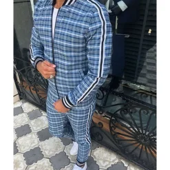 Men's Tracksuit Jogging Suit 2 Piece Full Zip Casual Fall Long Sleeve Breathable Soft Fitness Gym Workout Running Sportswear Activewear Plaid Checkered White Navy Blue Blue