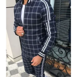 Men's Tracksuit Jogging Suit 2 Piece Full Zip Casual Fall Long Sleeve Breathable Soft Fitness Gym Workout Running Sportswear Activewear Plaid Checkered White Navy Blue Blue