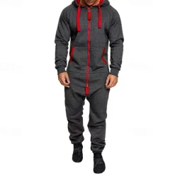 Men's Tracksuit Jumpsuit Full Zip One-piece Casual Fall Long Sleeve Thermal Warm Soft Fitness Gym Workout Running Sportswear Activewear Color Block Dark Grey Navy Black