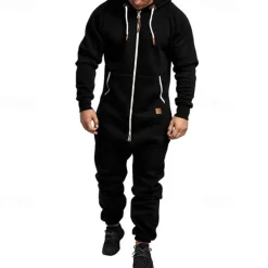 Men's Tracksuit Jumpsuit Full Zip One-piece Casual Fall Long Sleeve Thermal Warm Soft Fitness Gym Workout Running Sportswear Activewear Solid Colored Dark Grey Dark Khaki Black