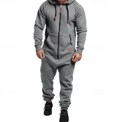Men's Tracksuit Jumpsuit Full Zip One-piece Casual Fall Long Sleeve Thermal Warm Soft Fitness Gym Workout Running Sportswear Activewear Solid Colored Dark Grey Dark Khaki Black
