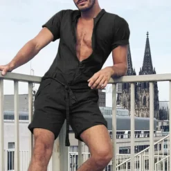 Men's Tracksuit Jumpsuit One-piece Half Zip Casual Breathable Soft Fitness Gym Workout Running Sportswear Activewear Solid Colored Black Green