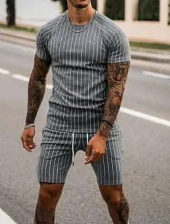 Men's Tracksuit Outfit Set Shorts Crew Neck Outdoor Daily Sports Pocket Drawstring 2 Piece Stripes Royal Blue Khaki Light Grey Polyester Activewear Classic Casual Summer