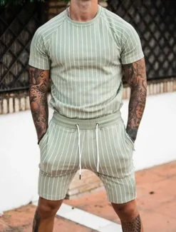 Men's Tracksuit Outfit Set Shorts Crew Neck Outdoor Daily Sports Pocket Drawstring 2 Piece Stripes Royal Blue Khaki Light Grey Polyester Activewear Classic Casual Summer