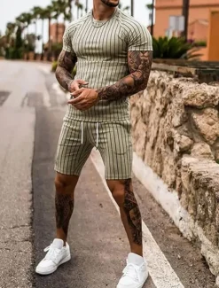 Men's Tracksuit Outfit Set Shorts Crew Neck Outdoor Daily Sports Pocket Drawstring 2 Piece Stripes Royal Blue Khaki Light Grey Polyester Activewear Classic Casual Summer