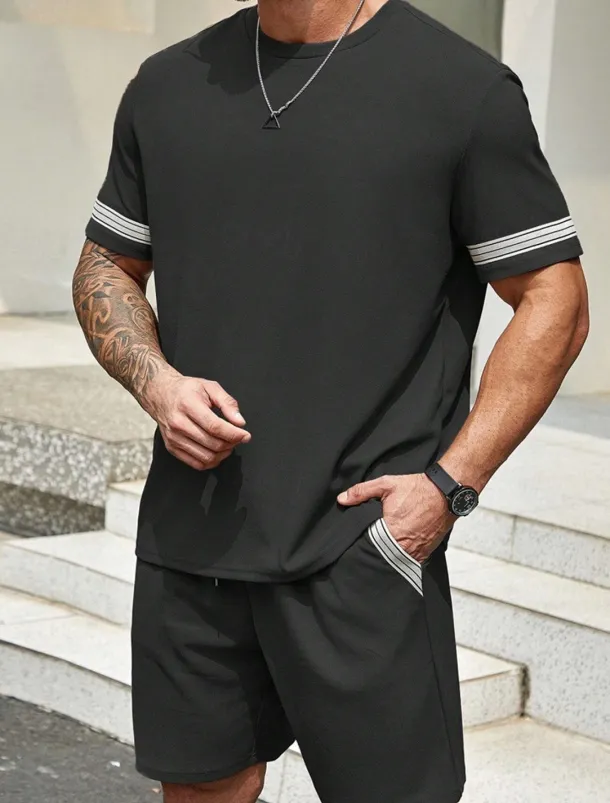 Men's Tracksuit Outfit Set Shorts Crew Neck Outdoor Daily Sports Pocket Drawstring 2 Piece Color Block Striped Black Purple Khaki Polyester Activewear Classic Casual Summer