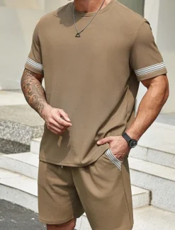 Men's Tracksuit Outfit Set Shorts Crew Neck Outdoor Daily Sports Pocket Drawstring 2 Piece Color Block Striped Black Purple Khaki Polyester Activewear Classic Casual Summer