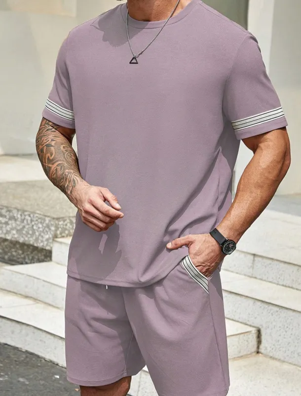 Men's Tracksuit Outfit Set Shorts Crew Neck Outdoor Daily Sports Pocket Drawstring 2 Piece Color Block Striped Black Purple Khaki Polyester Activewear Classic Casual Summer