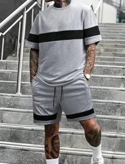 Men's Tracksuit Outfit Set Shorts Crew Neck Outdoor Daily Sports Pocket Drawstring 2 Piece Color Block Light Grey Dark Grey Polyester Activewear Classic Casual Summer