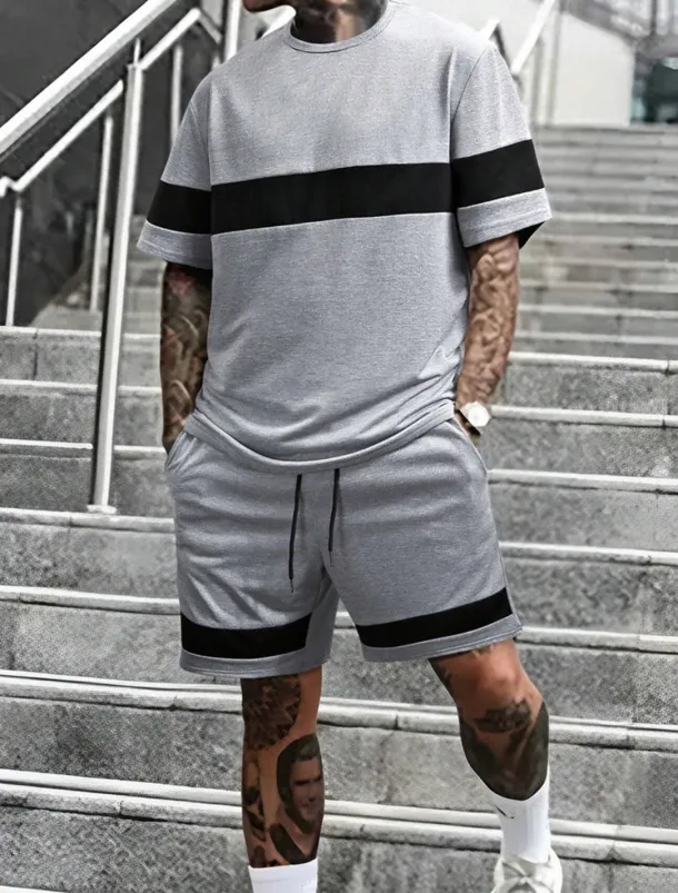 Men's Tracksuit Outfit Set Shorts Crew Neck Outdoor Daily Sports Pocket Drawstring 2 Piece Color Block Light Grey Dark Grey Polyester Activewear Classic Casual Summer