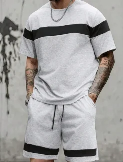 Men's Tracksuit Outfit Set Shorts Crew Neck Outdoor Daily Sports Pocket Drawstring 2 Piece Color Block Light Grey Dark Grey Polyester Activewear Classic Casual Summer