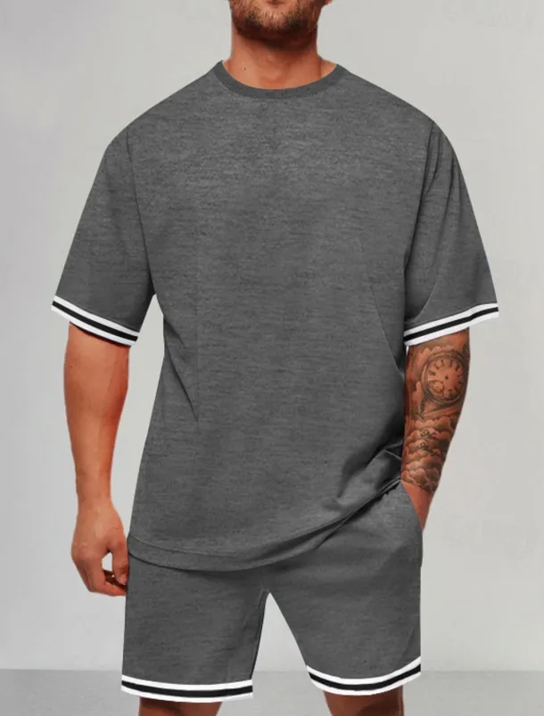 Men's Tracksuit Outfit Set Shorts Crew Neck Outdoor Daily Sports Pocket Drawstring 2 Piece Color Block Striped Black Red Navy Blue Polyester Activewear Classic Casual Summer