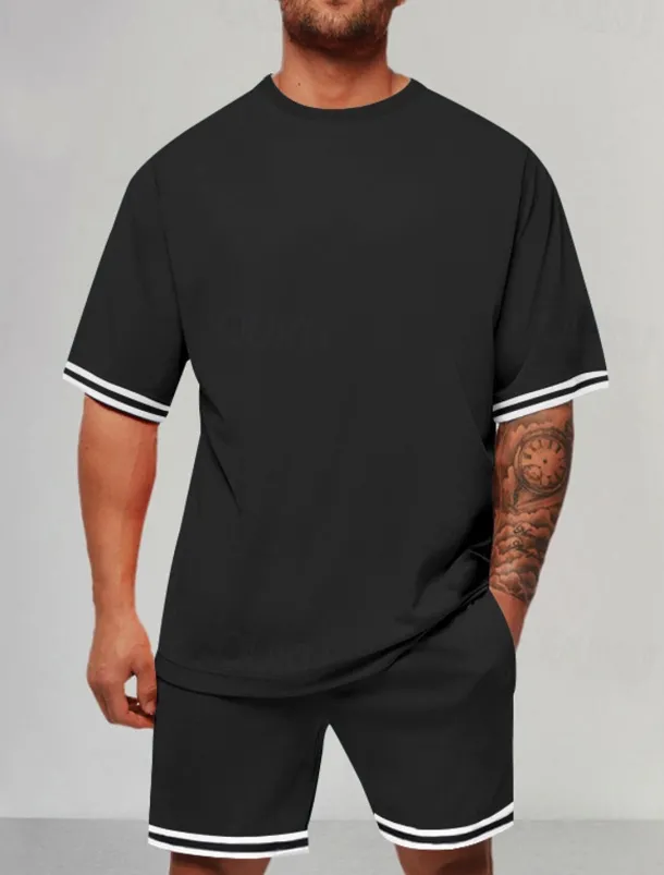 Men's Tracksuit Outfit Set Shorts Crew Neck Outdoor Daily Sports Pocket Drawstring 2 Piece Color Block Striped Black Red Navy Blue Polyester Activewear Classic Casual Summer