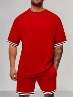 Men's Tracksuit Outfit Set Shorts Crew Neck Outdoor Daily Sports Pocket Drawstring 2 Piece Color Block Striped Black Red Navy Blue Polyester Activewear Classic Casual Summer