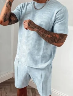 Men's Tracksuit Outfit Set Shorts Crew Neck Outdoor Daily Sports Pocket Drawstring 2 Piece Plain Black Blue Sky Blue Polyester Activewear Classic Casual Summer