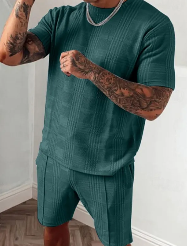 Men's Tracksuit Outfit Set Shorts Crew Neck Outdoor Daily Sports Pocket Drawstring 2 Piece Plain Black Blue Sky Blue Polyester Activewear Classic Casual Summer