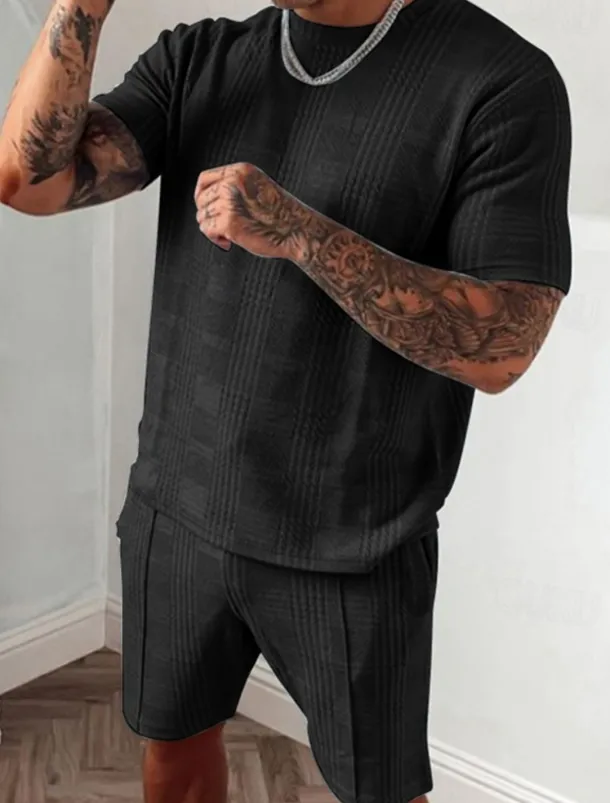 Men's Tracksuit Outfit Set Shorts Crew Neck Outdoor Daily Sports Pocket Drawstring 2 Piece Plain Black Blue Sky Blue Polyester Activewear Classic Casual Summer