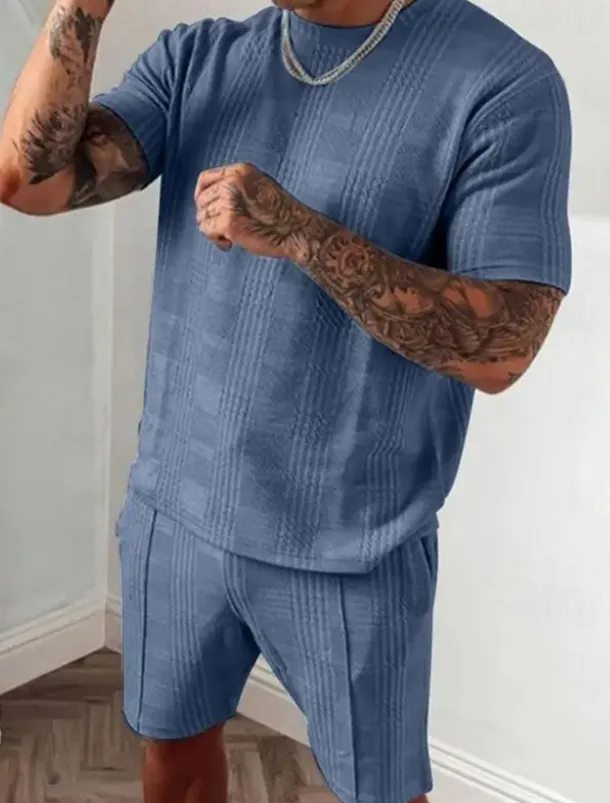 Men's Tracksuit Outfit Set Shorts Crew Neck Outdoor Daily Sports Pocket Drawstring 2 Piece Plain Black Blue Sky Blue Polyester Activewear Classic Casual Summer