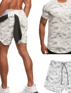 Men's Tracksuit Outfit Set Shorts Crew Neck Outdoor Daily Sports Pocket Drawstring 2 Piece Camouflage White Dark Grey Army Green Polyester Activewear Classic Casual Summer