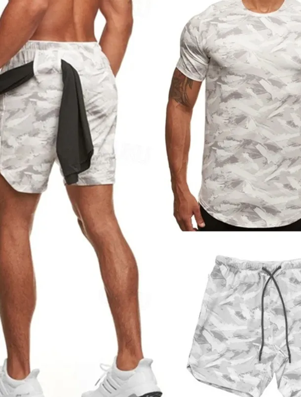 Men's Tracksuit Outfit Set Shorts Crew Neck Outdoor Daily Sports Pocket Drawstring 2 Piece Camouflage White Dark Grey Army Green Polyester Activewear Classic Casual Summer