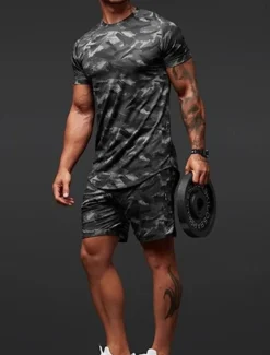 Men's Tracksuit Outfit Set Shorts Crew Neck Outdoor Daily Sports Pocket Drawstring 2 Piece Camouflage White Dark Grey Army Green Polyester Activewear Classic Casual Summer