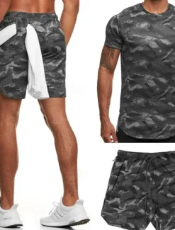 Men's Tracksuit Outfit Set Shorts Crew Neck Outdoor Daily Sports Pocket Drawstring 2 Piece Camouflage White Dark Grey Army Green Polyester Activewear Classic Casual Summer