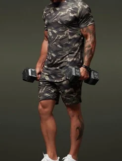 Men's Tracksuit Outfit Set Shorts Crew Neck Outdoor Daily Sports Pocket Drawstring 2 Piece Camouflage White Dark Grey Army Green Polyester Activewear Classic Casual Summer