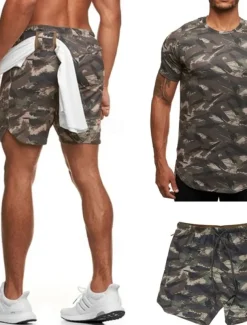 Men's Tracksuit Outfit Set Shorts Crew Neck Outdoor Daily Sports Pocket Drawstring 2 Piece Camouflage White Dark Grey Army Green Polyester Activewear Classic Casual Summer