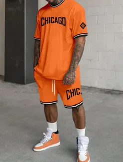 Men's Tracksuit Outfit Set Shorts Crew Neck Outdoor Daily Sports Pocket Drawstring 2 Piece Graphic Letter Black White Light Green Polyester Activewear Streetwear Casual Summer