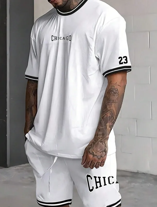 Men's Tracksuit Outfit Set Shorts Crew Neck Outdoor Daily Sports Pocket Drawstring 2 Piece Graphic Letter Black White Light Green Polyester Activewear Streetwear Casual Summer