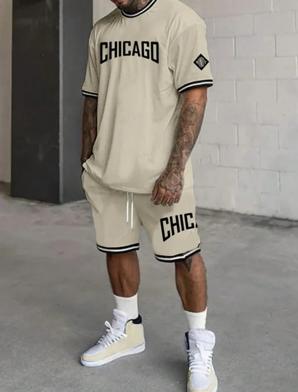 Men's Tracksuit Outfit Set Shorts Crew Neck Outdoor Daily Sports Pocket Drawstring 2 Piece Graphic Letter Black White Light Green Polyester Activewear Streetwear Casual Summer