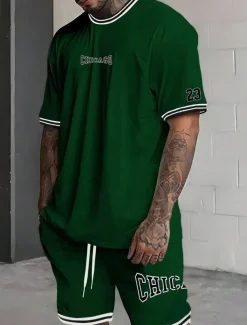 Men's Tracksuit Outfit Set Shorts Crew Neck Outdoor Daily Sports Pocket Drawstring 2 Piece Graphic Letter Black White Light Green Polyester Activewear Streetwear Casual Summer