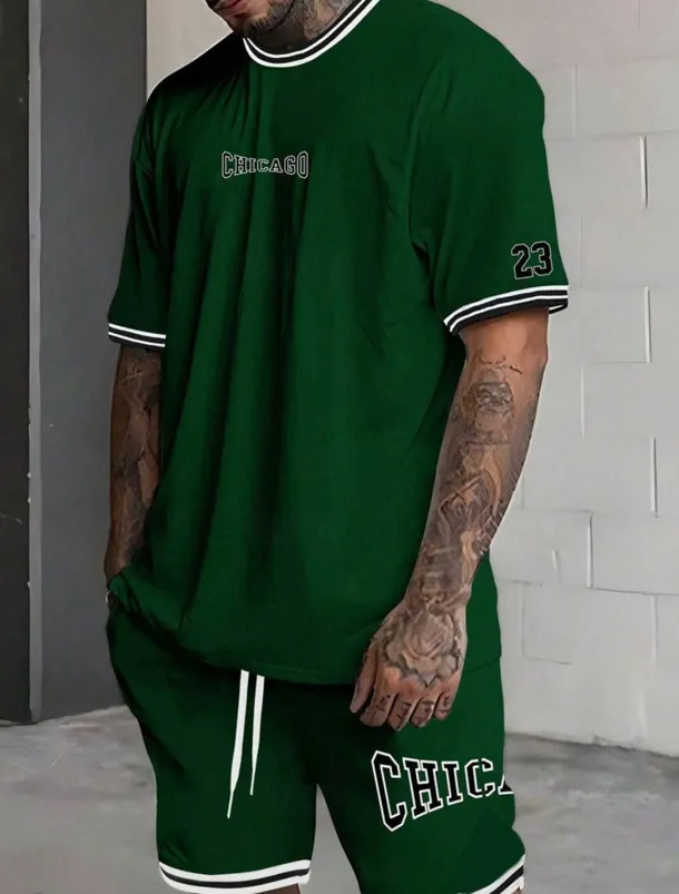 Men's Tracksuit Outfit Set Shorts Crew Neck Outdoor Daily Sports Pocket Drawstring 2 Piece Graphic Letter Black White Light Green Polyester Activewear Streetwear Casual Summer