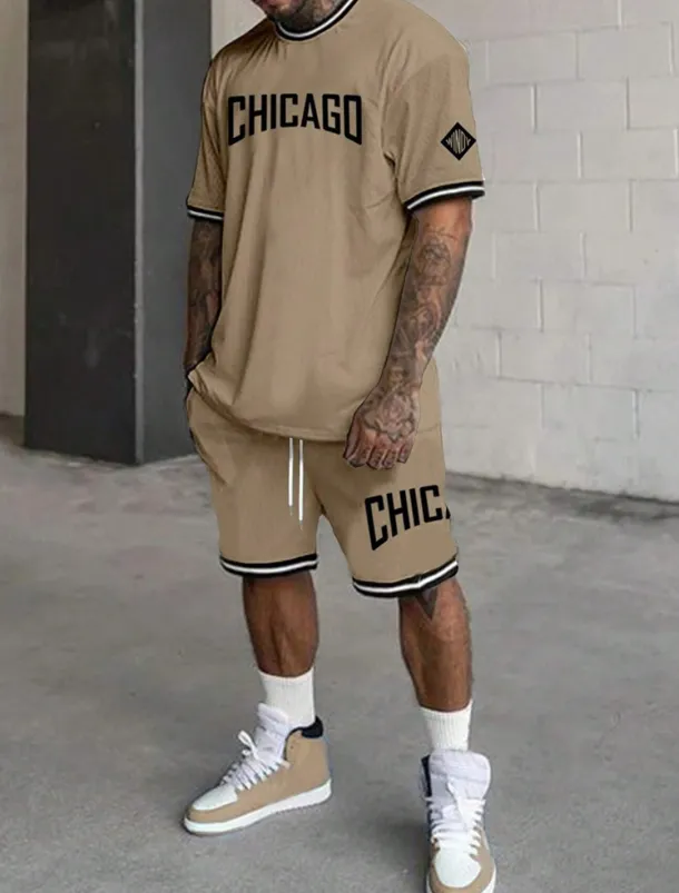 Men's Tracksuit Outfit Set Shorts Crew Neck Outdoor Daily Sports Pocket Drawstring 2 Piece Graphic Letter Black White Light Green Polyester Activewear Streetwear Casual Summer