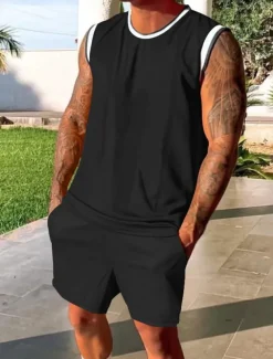 Men's Tracksuit Outfit Set Shorts Crew Neck Outdoor Daily Sports Pocket Drawstring 2 Piece Patchwork Black White Red Polyester Activewear Classic Casual Summer