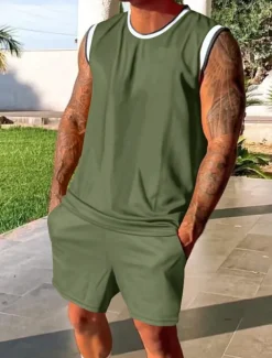 Men's Tracksuit Outfit Set Shorts Crew Neck Outdoor Daily Sports Pocket Drawstring 2 Piece Patchwork Black White Red Polyester Activewear Classic Casual Summer