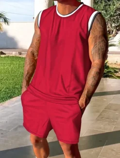 Men's Tracksuit Outfit Set Shorts Crew Neck Outdoor Daily Sports Pocket Drawstring 2 Piece Patchwork Black White Red Polyester Activewear Classic Casual Summer