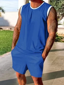 Men's Tracksuit Outfit Set Shorts Crew Neck Outdoor Daily Sports Pocket Drawstring 2 Piece Patchwork Black White Red Polyester Activewear Classic Casual Summer