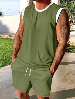 Men's Tracksuit Outfit Set Shorts Crew Neck Outdoor Daily Sports Pocket Drawstring 2 Piece Patchwork Black White Red Polyester Activewear Classic Casual Summer