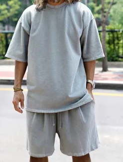 Men's Tracksuit Outfit Set Shorts Crew Neck Outdoor Daily Sports Pocket Drawstring 2 Piece Plain Black White Navy Blue Polyester Activewear Classic Casual Summer