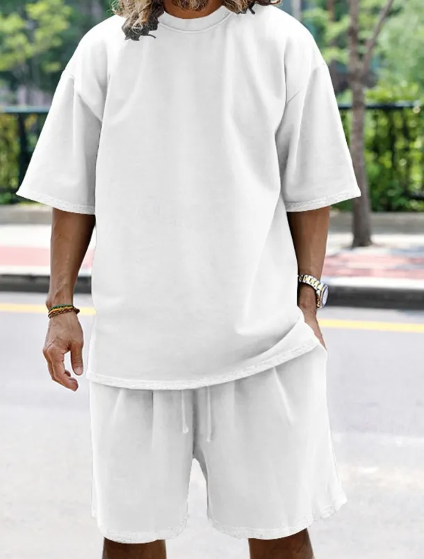 Men's Tracksuit Outfit Set Shorts Crew Neck Outdoor Daily Sports Pocket Drawstring 2 Piece Plain Black White Navy Blue Polyester Activewear Classic Casual Summer