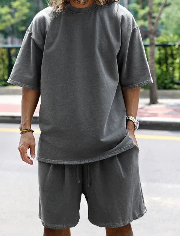 Men's Tracksuit Outfit Set Shorts Crew Neck Outdoor Daily Sports Pocket Drawstring 2 Piece Plain Black White Navy Blue Polyester Activewear Classic Casual Summer