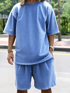 Men's Tracksuit Outfit Set Shorts Crew Neck Outdoor Daily Sports Pocket Drawstring 2 Piece Plain Black White Navy Blue Polyester Activewear Classic Casual Summer